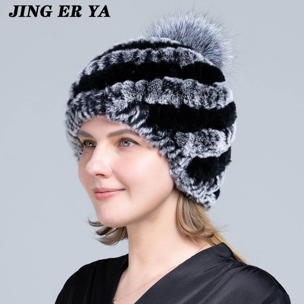 Вязаные шапки с помпоном для женщин, шапочки, однотонные эластичные шапки из меха кролика рекс, зимняя шапка Skullies, модные шапки из натурального меха