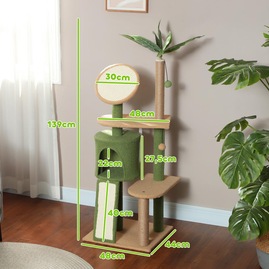 Cat Tree, 139 cm Cat Tree with Cave, Play Balls, Sisal Scratching Posts and Platforms, for Two Cats, Green