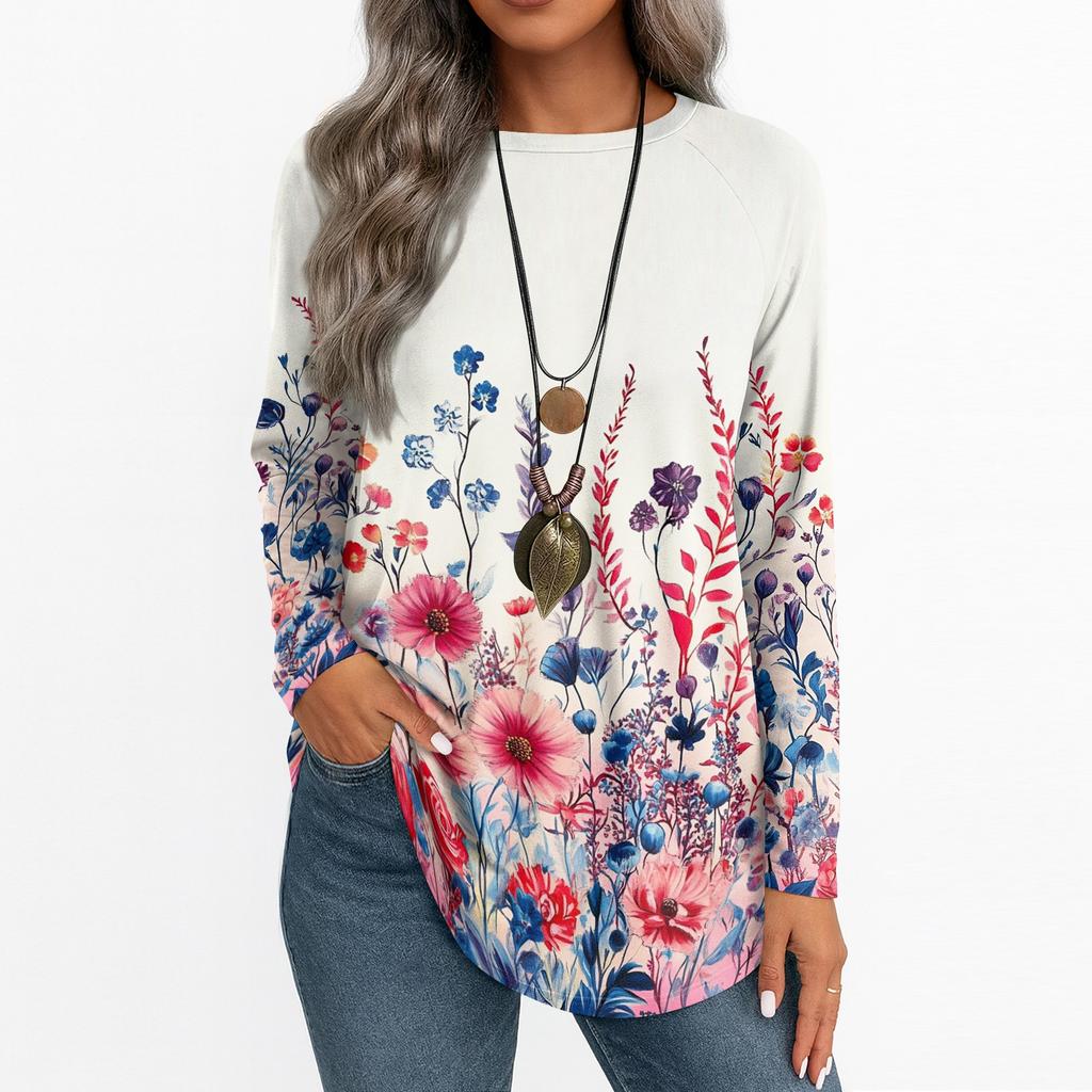 Women's Casual Plus SizeLong Sleeved Round Neck Vintage Ethnic Printing T-shirt Top Pullover