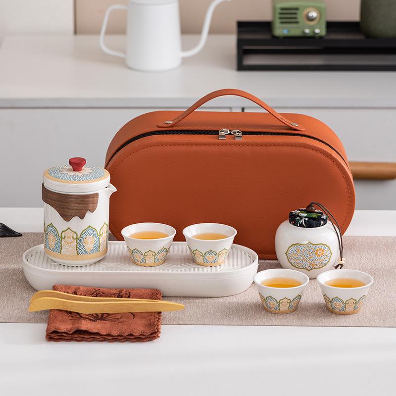 Guochao Travel Tea Set Outdoor Portable High-end Business One Pot Four Cups Tea Tray Set Gift Commemorative Gift