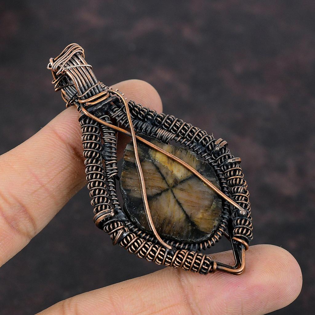 Chiastolite Pendant Copper Wire Wrapped Pendant Genuine Gemstone Pendant Copper Wire Wrap Jewelry Handmade Pendant Rainbow Moonstone Jewelry