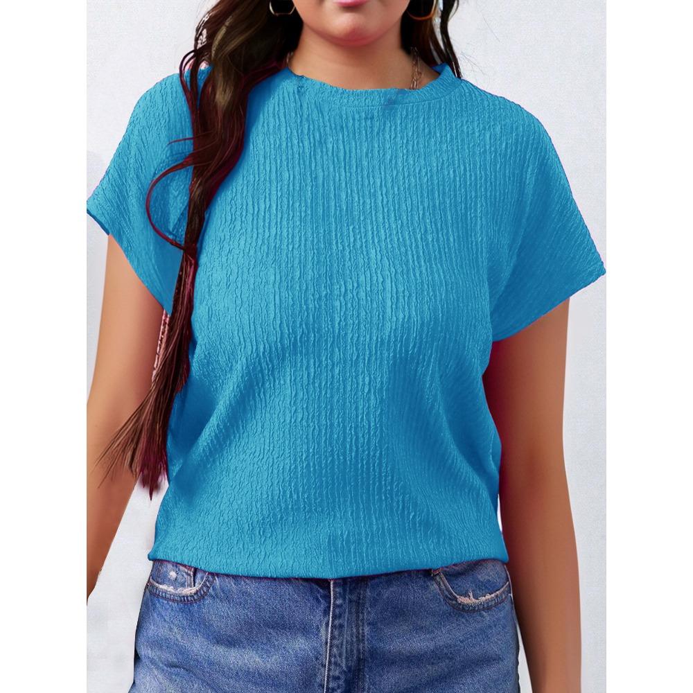 Летняя Новинка Модная Женская Футболка Большого Размера с Круглым Вырезом Однотонная с Короткими Рукавами-Крылышками