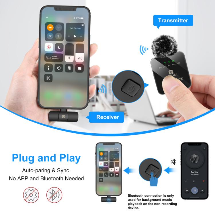 Беспроводной петличный микрофон PULUZ для iPhone/iPad, 8-контактный приемник (черный)
