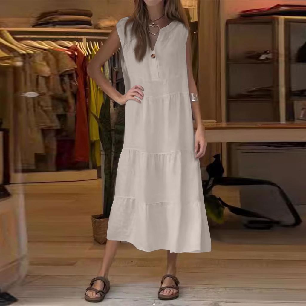 Женская мода без рукавов плиссированное хлопковое льняное платье-жилет на пуговицах