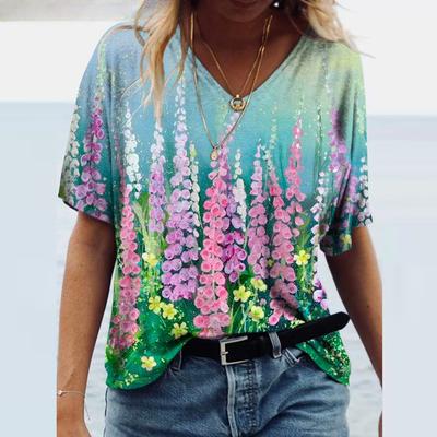 Новая женская футболка с V-образным вырезом и короткими рукавами с 3D-принтом в виде акварельного пейзажа и цветов