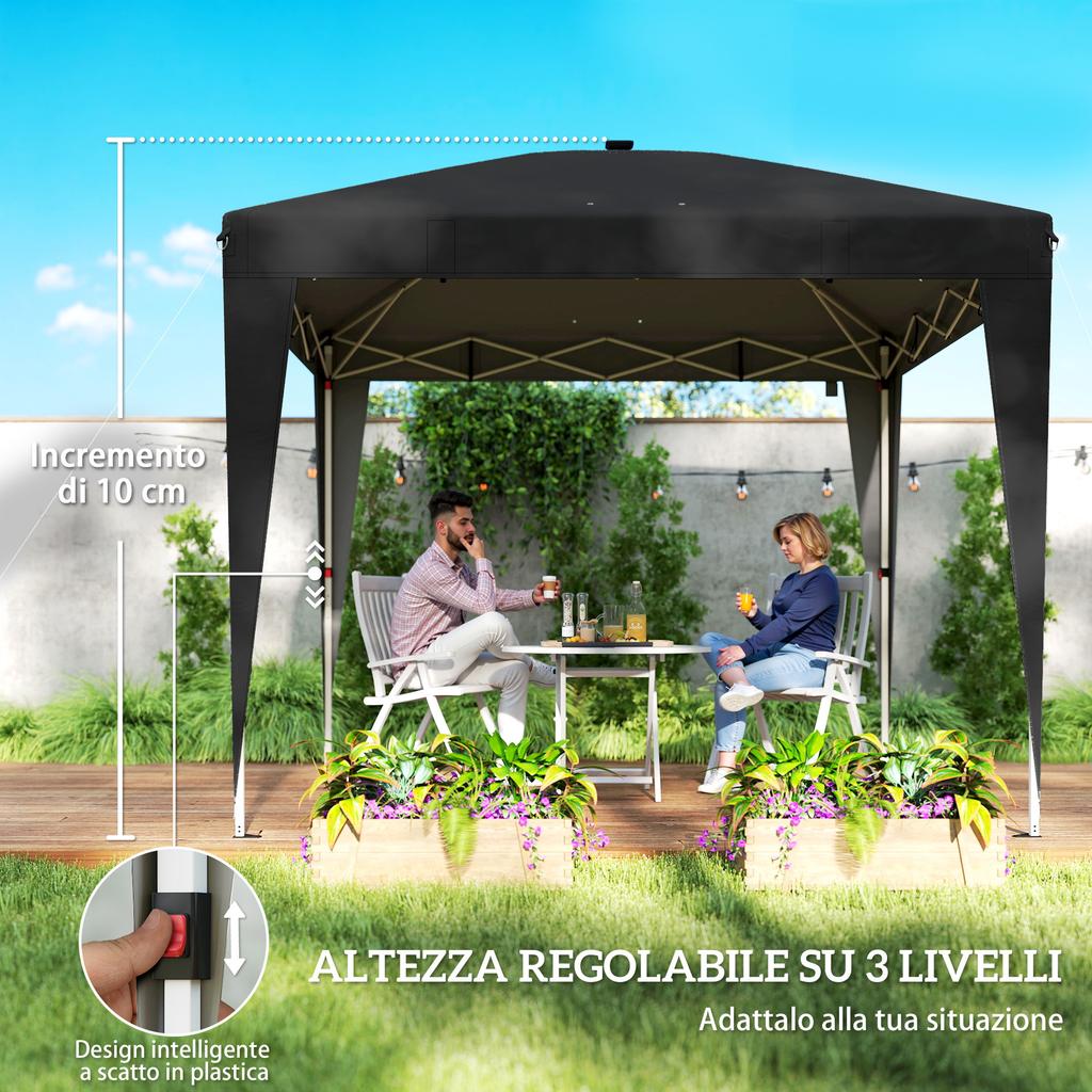 Foldable Gazebo 3x3 M Adjustable Height With Central Light And Remote Control In Metal And Polyester Black
