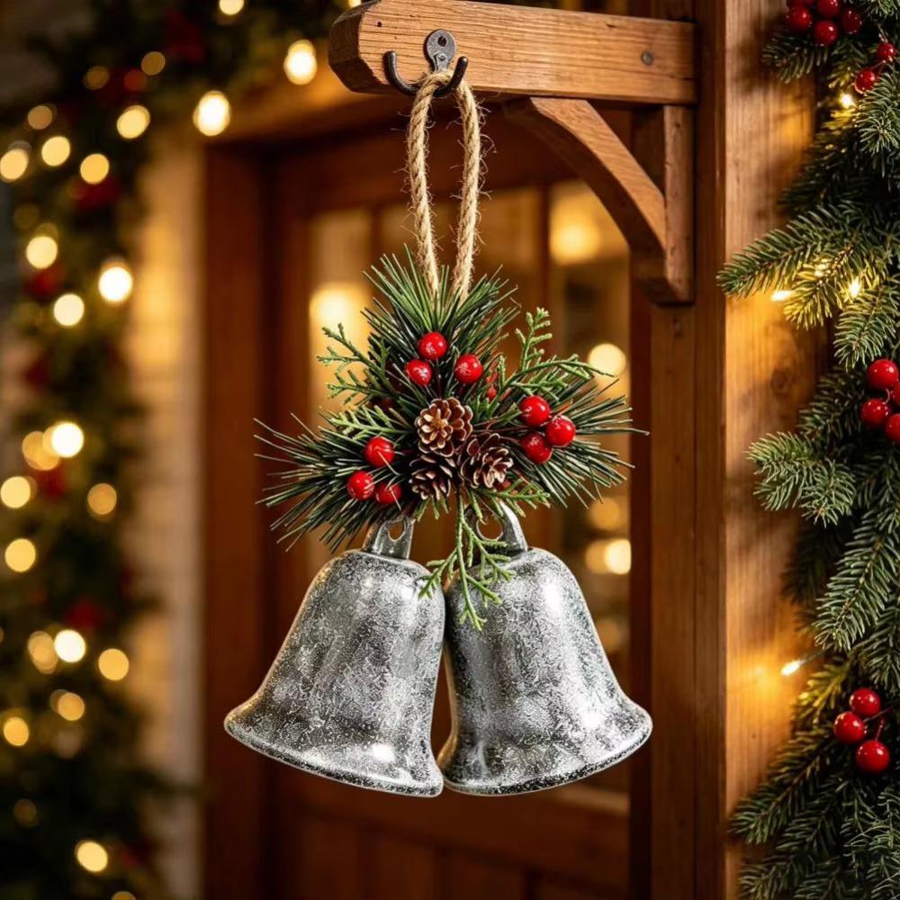 Vintage Open Christmas Hanging Bells with Artificial Pine Cone Bow Christmas Tree Ornament Wall
