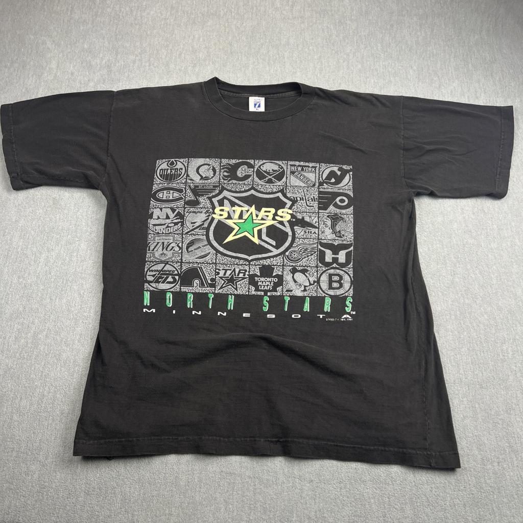 Vintage 90s Minnesota North Stars T-Shirt Sz XL Black Logo 7 Distressed Fade NHL