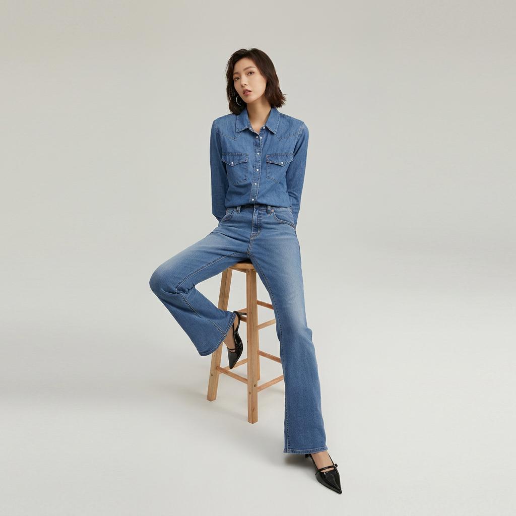 Levis Однотонная Рубашка Джинсовая с Длинным Рукавом Свободного Кроя на Одной Пуговице с Квадратным Вырезом Женские рубашки Светло-Голубой 86832-0018