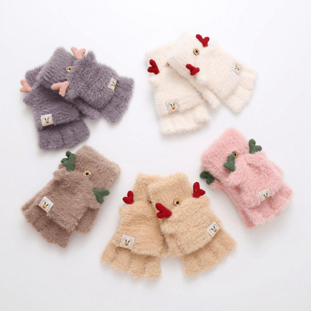 Autumn And Winter Antlers Flip Mittens Female Gloves Christmas Wool Mittens Half-finger Gloves