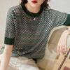 Стильная геометрическая клетчатая вязаная футболка контрастных цветов, летняя, свободного кроя, с коротким рукавом, женская одежда, с круглым вырезом, корейские пуловеры