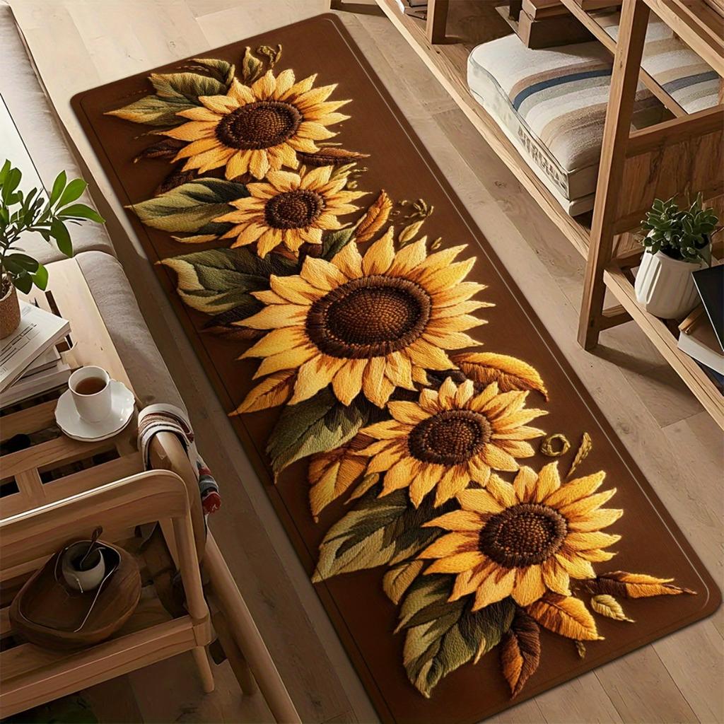 Warm Dark Background 3D Embroidery Sunflower Runner Rug, Non-Slip Kitchen Rug for Kitchen, Living Room, Bathroom & Daily Holiday