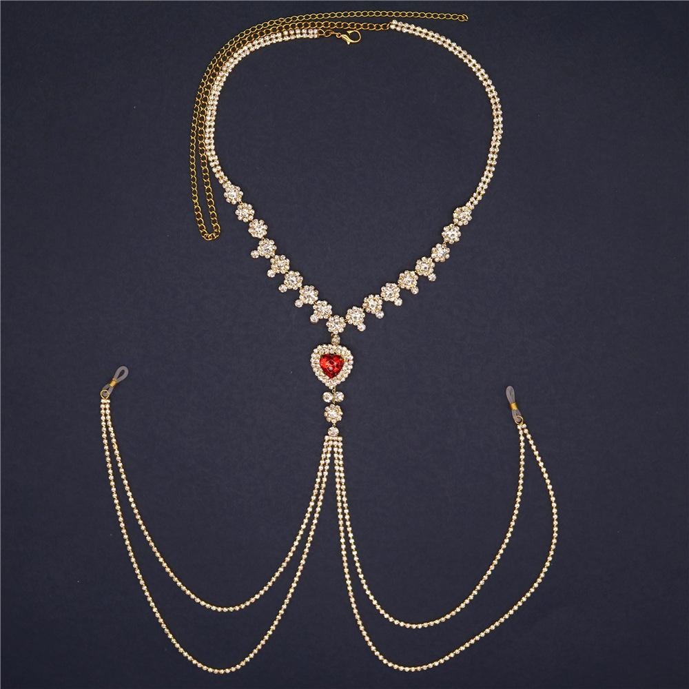 Super Sparkling Sexy Tassel Rhinestone Red Heart Shaped Nipple Chain Exaggerated Women's Crystal Fun Bikini Jewelry