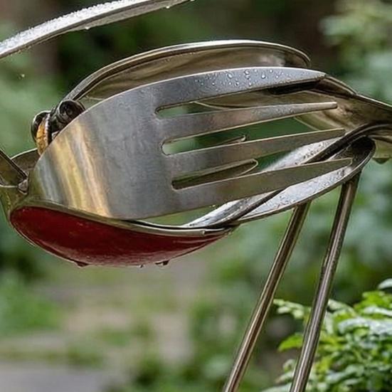Ручная металлическая скульптура птицы, Статуя-арт из переработанных столовых приборов, Рустикальная фигурка птицы из вилок и ложек для сада, патио, офисного стола