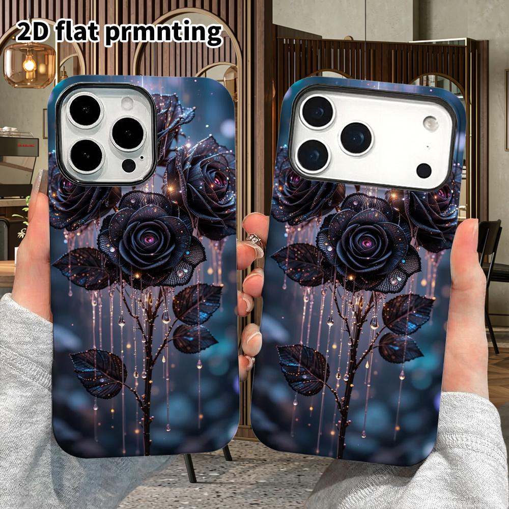 Phone Case: 2D flat suitable for iPhone 18, 17, 16, 15, 14, 13 Pro film protective case, couple style, ice crystal black rose, Christmas and Halloween