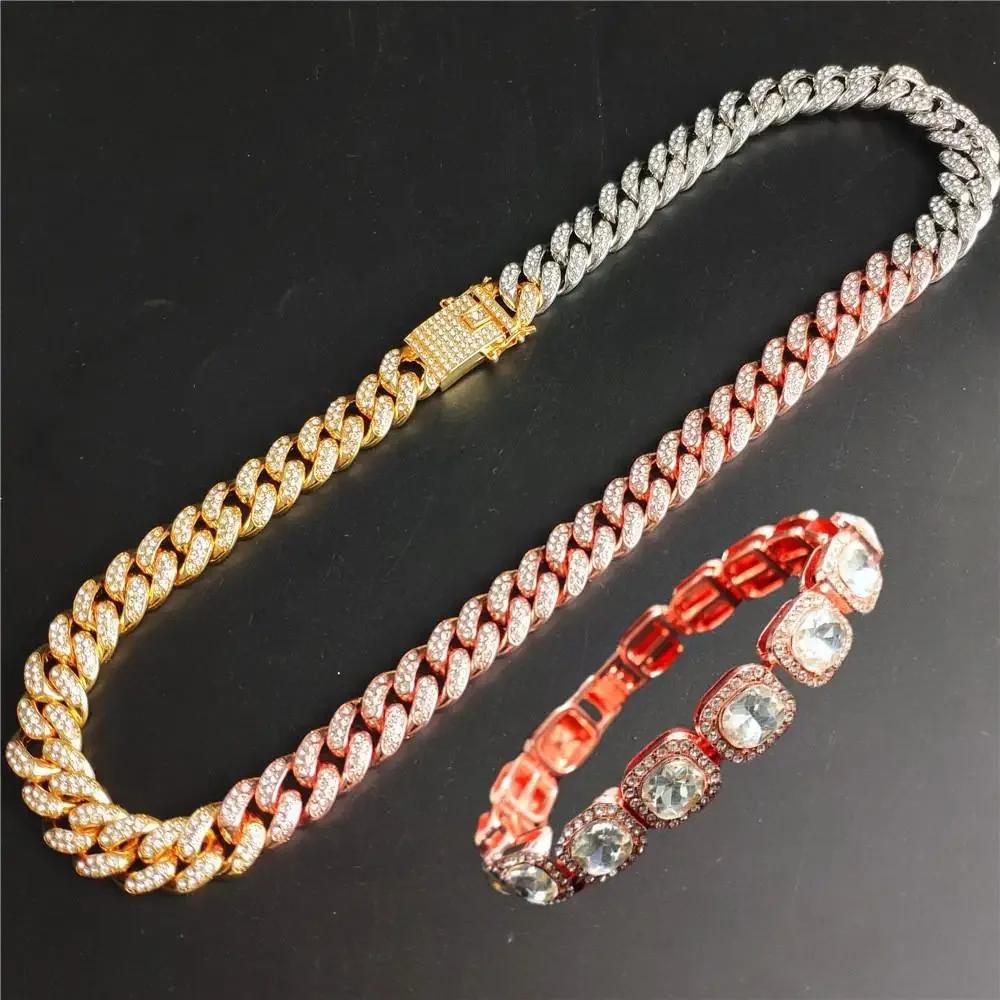 12mm Tennis Necklace +baguette Watch+bracelet Combo Sets Hip Hop Chain Iced Out Bling Paved Rhinestones For Men Women Jewelry