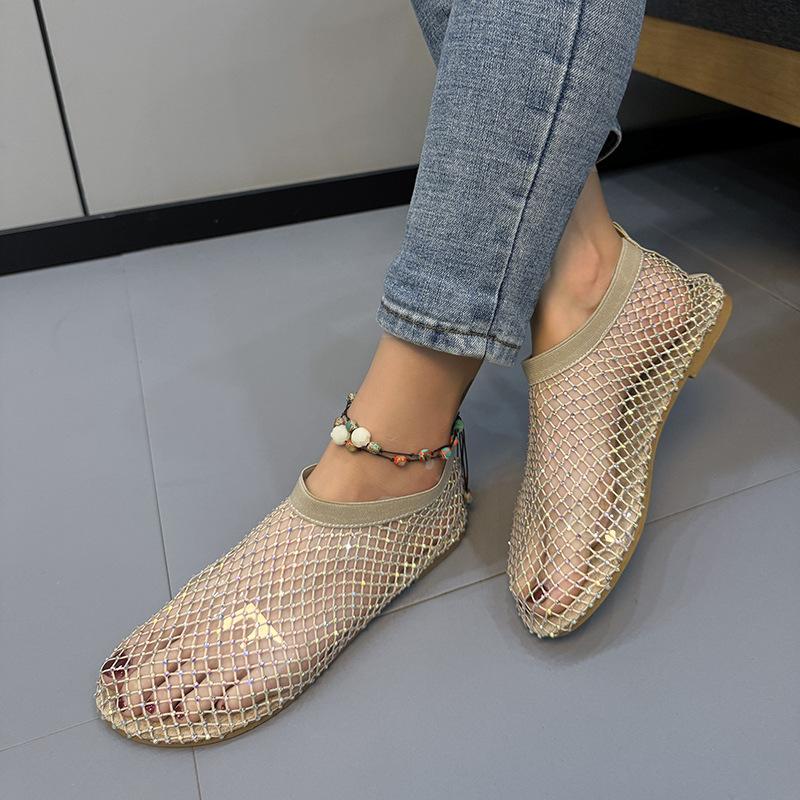 Повседневные сандалии на низком каблуке из сетчатой ткани 2024 года, модные туфли без застежек для женщин, сплошные блестящие женские сандалии из искусственной кожи на квадратном каблуке Sandalias De Mujer