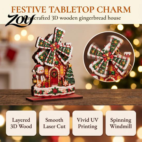 Rustic Xmas Party Ornaments Christmas Windmill Wooden Ornament, Decorative Craft with Rotating Handmade Atmosphere Props Blades, Figurine for Holiday