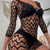 Women Summer Beach Cover-up Hollow Out Long Sleeves Slim Fit Low-cut V Neck Backless See-through Bikini