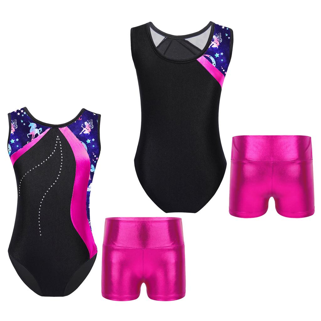 Детский лоскутный купальник без рукавов для девочек с металлизированными шортами с высокой талией, комплекты для танцев, катания на коньках, гимнастический комбинезон