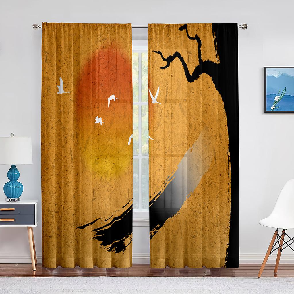 Птицы на ветке вишни, картина тушью, тюлевые шторы-вуали для спальни, оконные занавески для гостиной, прозрачные шторы, шторы