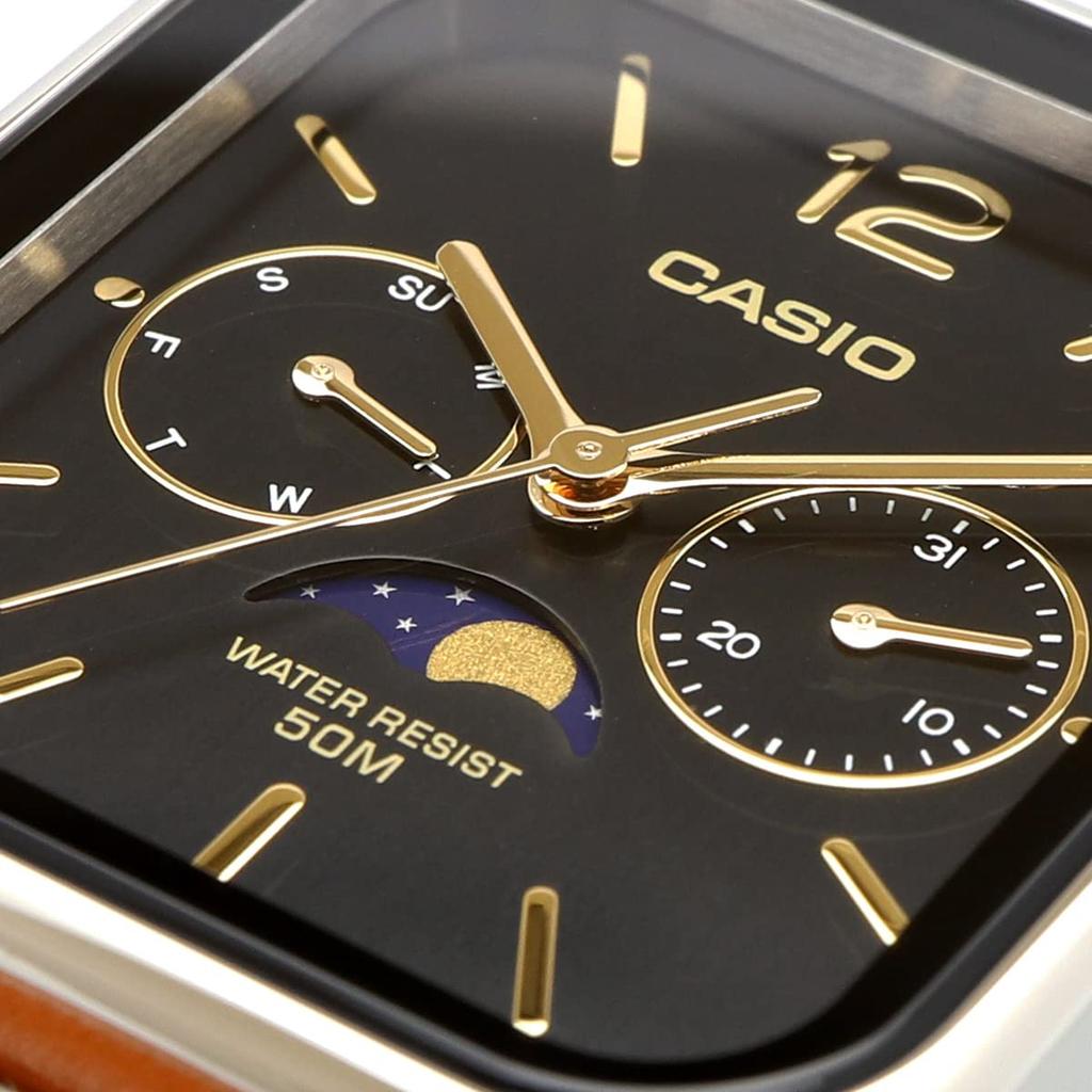 Casio Стандартные аналоговые мужские часы с индикатором фазы Луны MTP-M305L-1AV с коричневым кожаным ремешком и черным циферблатом, импортные
