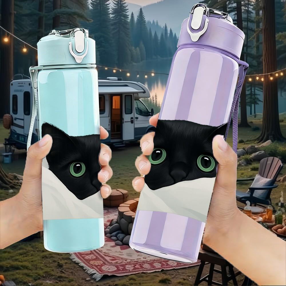1PC Black Cat Peeking Out Bag Print 750ml Color Plastic Sports Water Bottle Leakproof Flip Straw Lid Suitable for Sports Office Home Use
