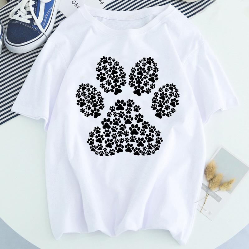 Women Dog Paw Print Short Sleeve Fashion Printed Summer Lady Womens Clothing Tops T-Shirt Shirt Tees Female T Shirt