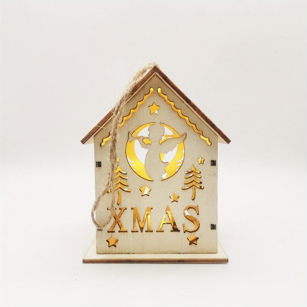 1PC Christmas Wooden Crafts Wooden Christmas Small House Cabin Lighting Ornaments Pendant Christmas Tree Decoration
