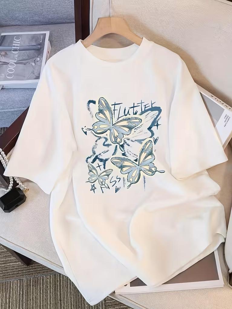 Celestial Moon Sun Butterfly Graphic T-Shirt Women’s Casual Crew Neck Short Sleeve Soft Comfortable for Summer Daily Wear