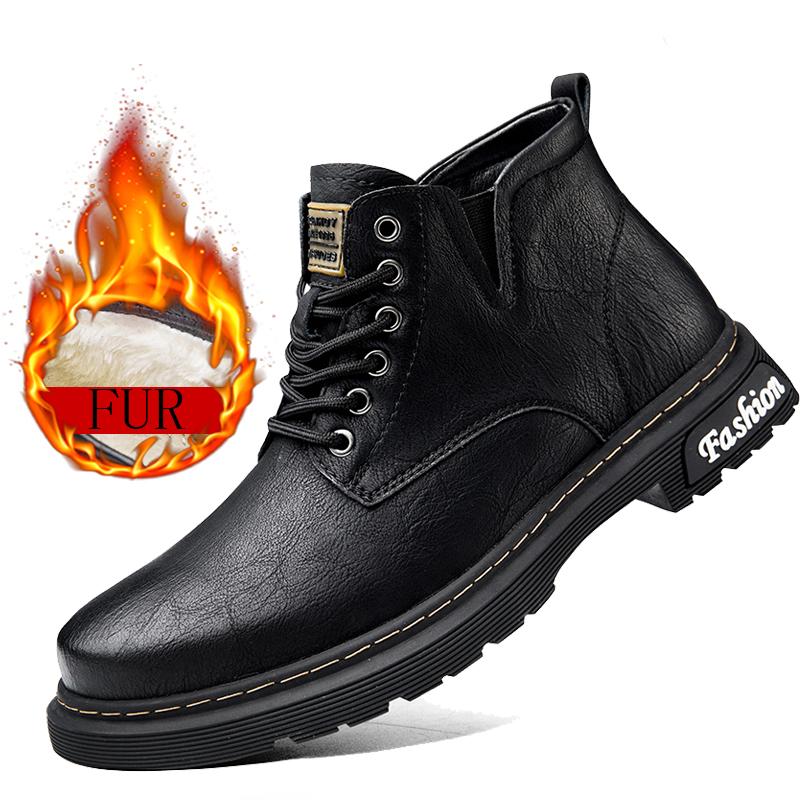 Модные зимние ботинки Натуральная кожа Короткие ботинки Плюс бархат Высокий верх Уличные кроссовки Ботильоны Мужские ботинки Толстая подошва Повседневные ботинки Мех