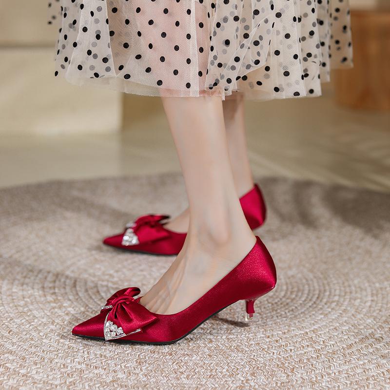 Sheepskin Wedding Shoes Women's Bride Shoes Xiuhe Wedding Dress Rhinestone Bow High Heels Women's Pointed Head Stiletto Shoes