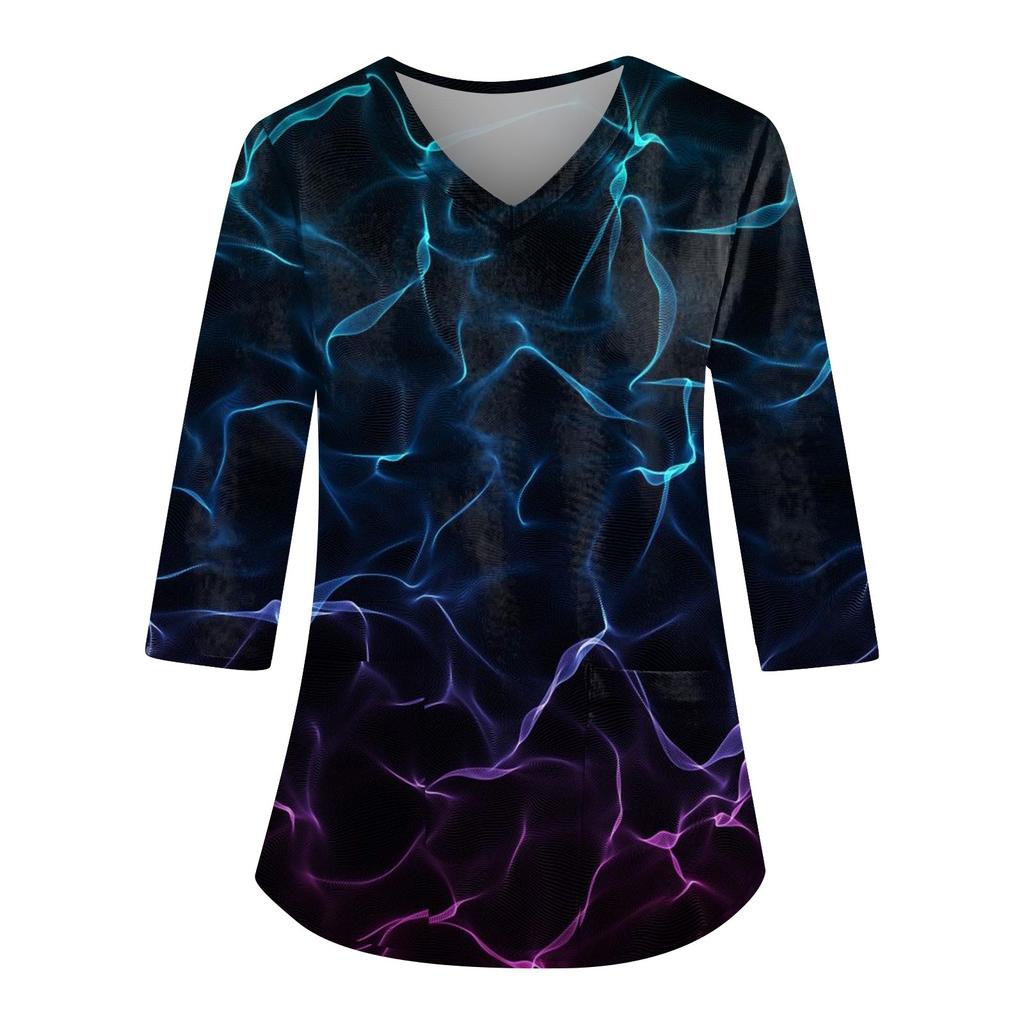 Женский свободный топ с V-образным вырезом, карманом и принтом на Хэллоуин, рукав три четверти, рабочая одежда