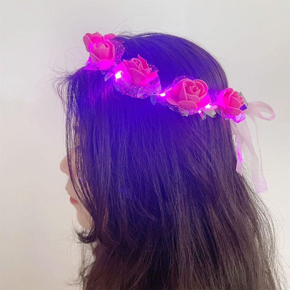Wedding Rose Flower Women Headwear Crown Flower Headband LED Light Garland Wreath Decoration