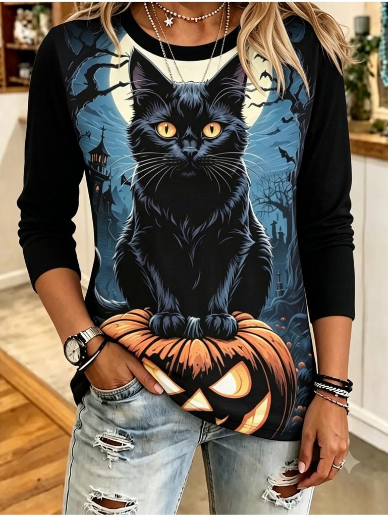 Fashion Women's T-Shirt Halloween Theme Print Tee Casual Autumn Holiday Fashion Long Sleeve T-Shirts Casual Loose Women's Tops