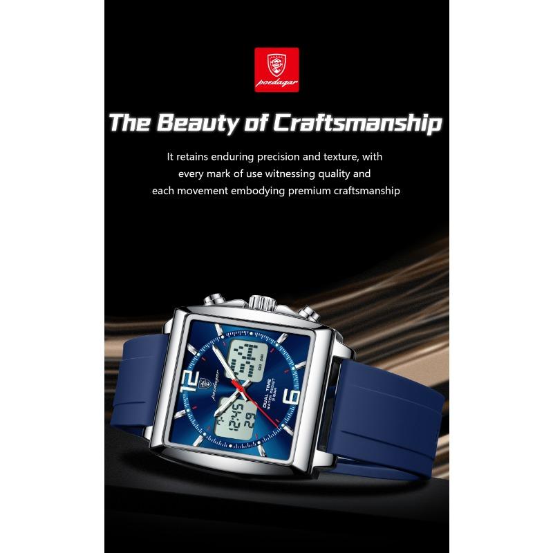 POEDAGAR Luxury Top Man Watch Electronic Square LED Alarm Chronograph Watches Week Date Dual Time Display Quartz Clock
