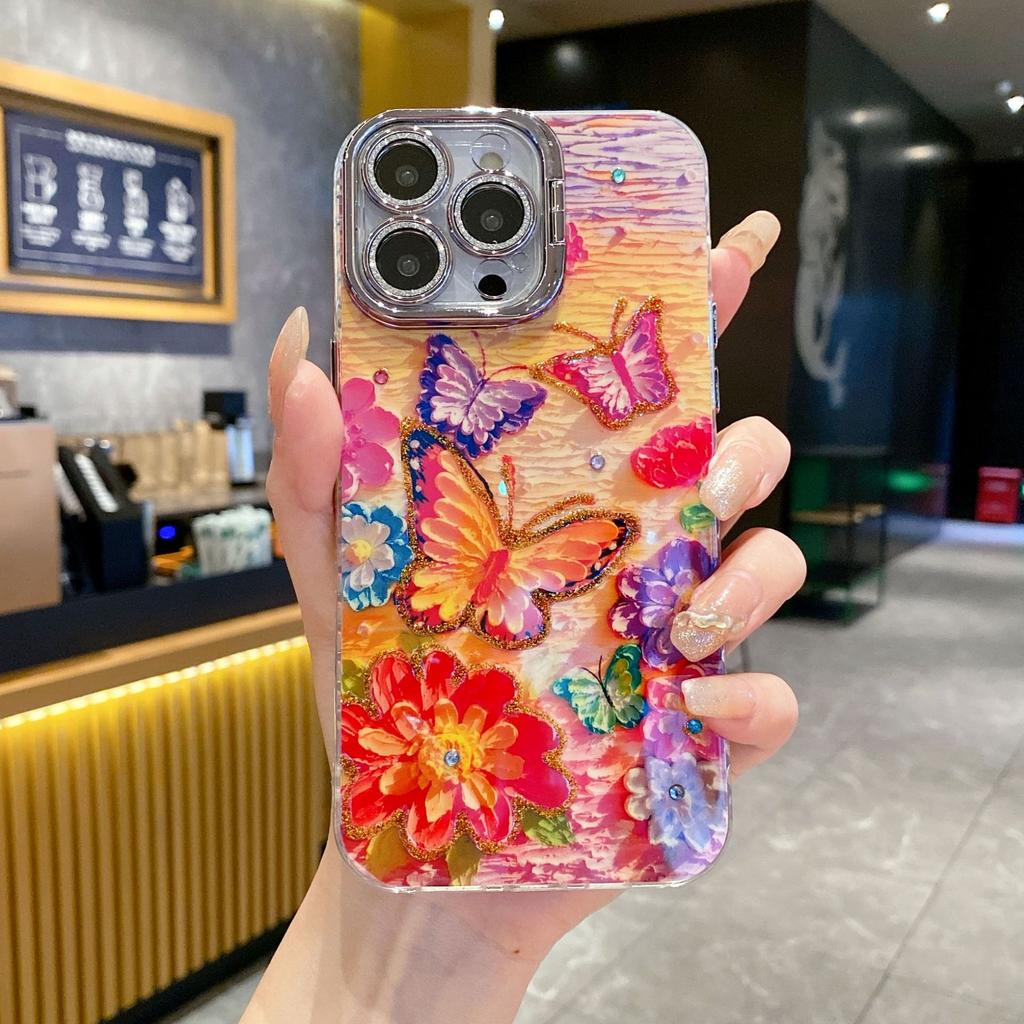 Applicable To IPhone16 Oil Painting Rose Mobile Phone Case Apple 15Pro Flash Powder Lens Film Stand 14 Protective Cover