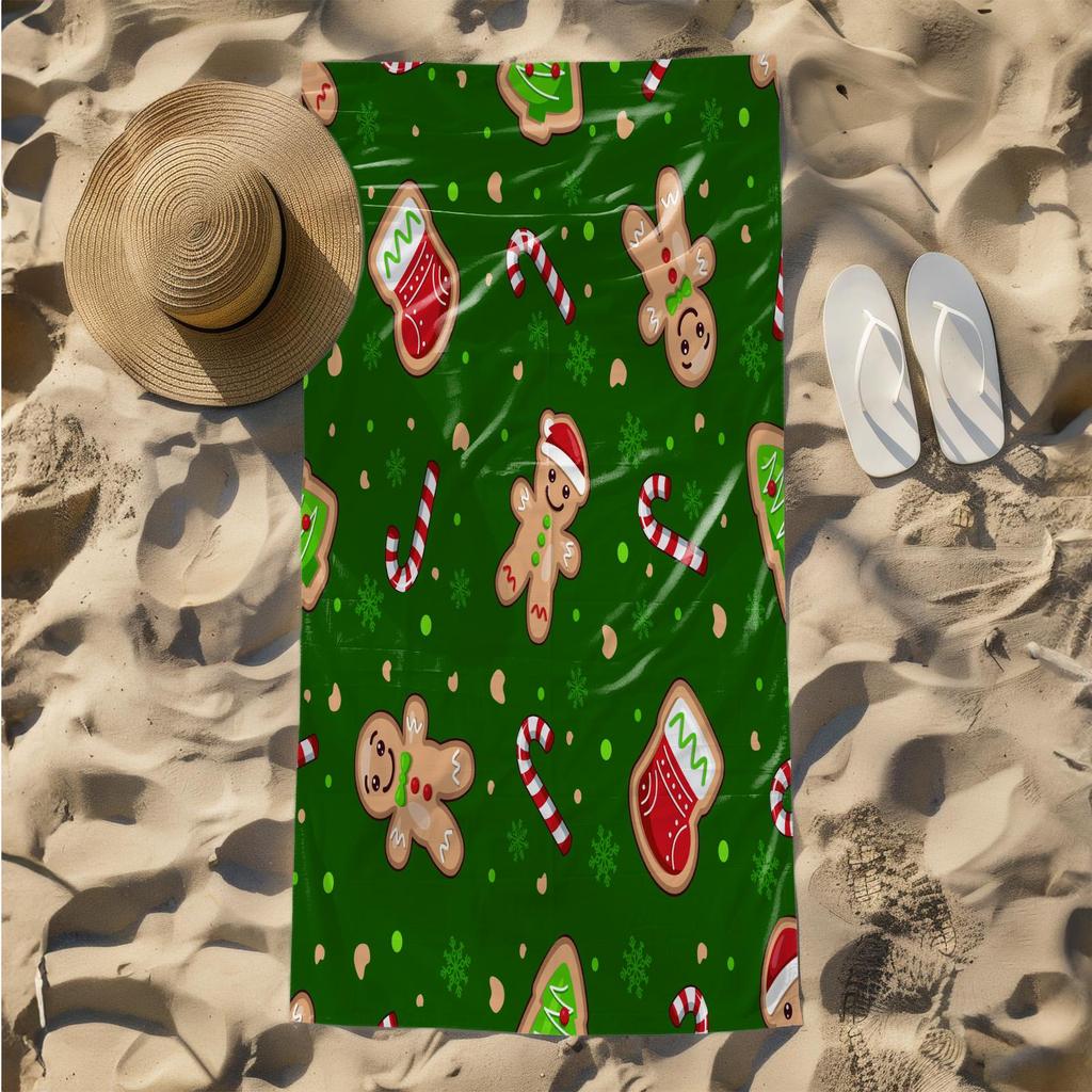 1pc Festive Christmas Gingerbread and Candy Cane Pattern 2D Printed Microfiber Beach Towel, quick dry super absorbent. Great for