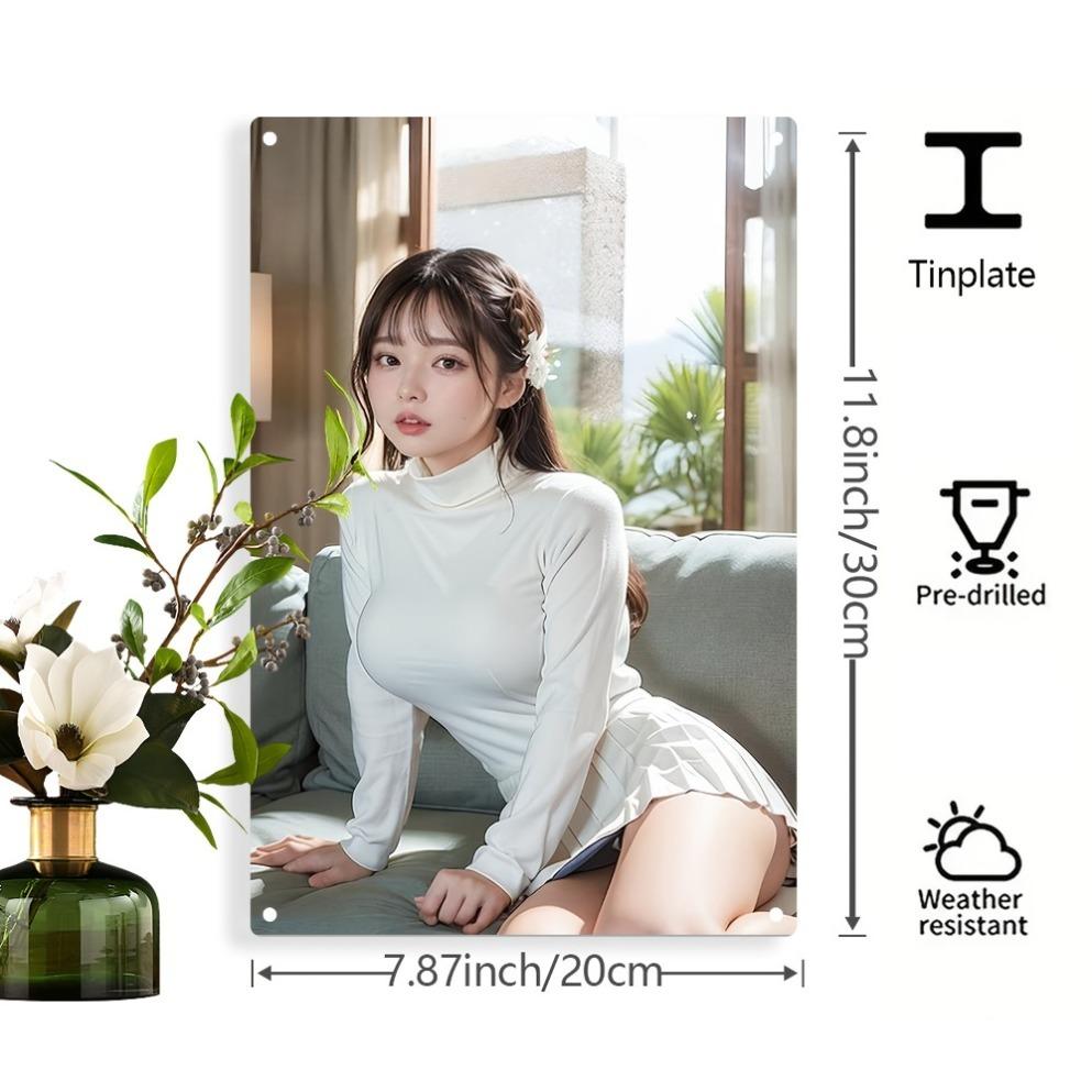 Hisun Tin Sign HD Metal Wall Art Dreamy Asian Girl with Long Dark Hair and Side Flower Hairpin Wearing Elegant White Turtleneck Sweater and Ple