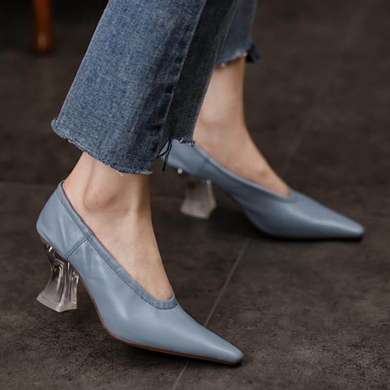 Women Pumps Natural Leather Shoes Plus Size 22-26.5cm Length Soft Sheepskin Pointed Crystal Heel Full Leather Shoes