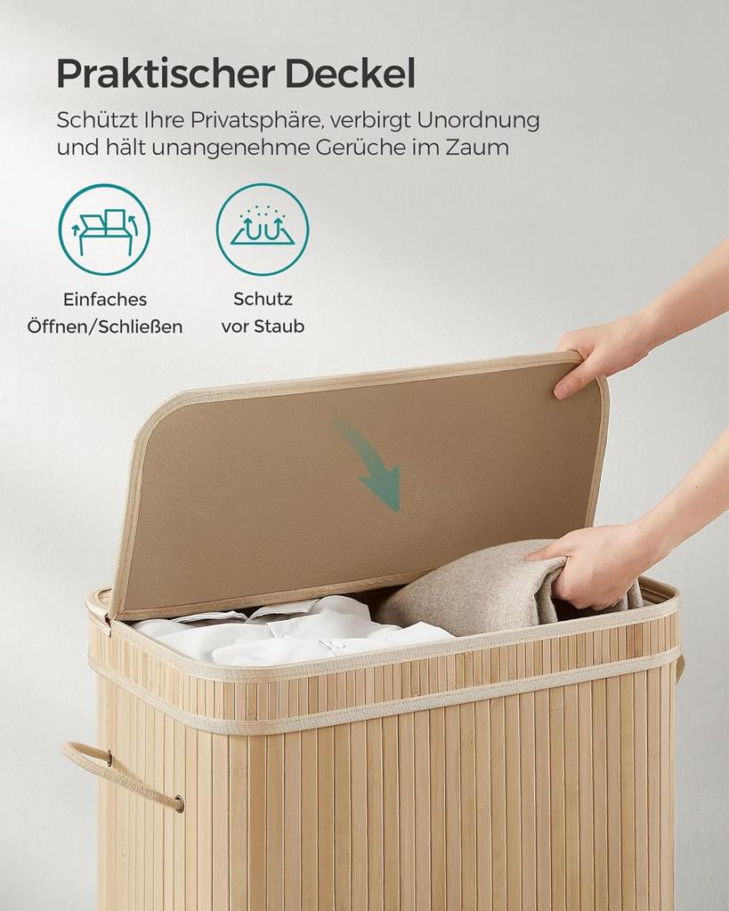 SONGMICS Laundry Basket with Lid, Laundry Hamper Bamboo, Laundry Bag Removable and Machine Washable with Handles, 100 Litres, for Laundry Room