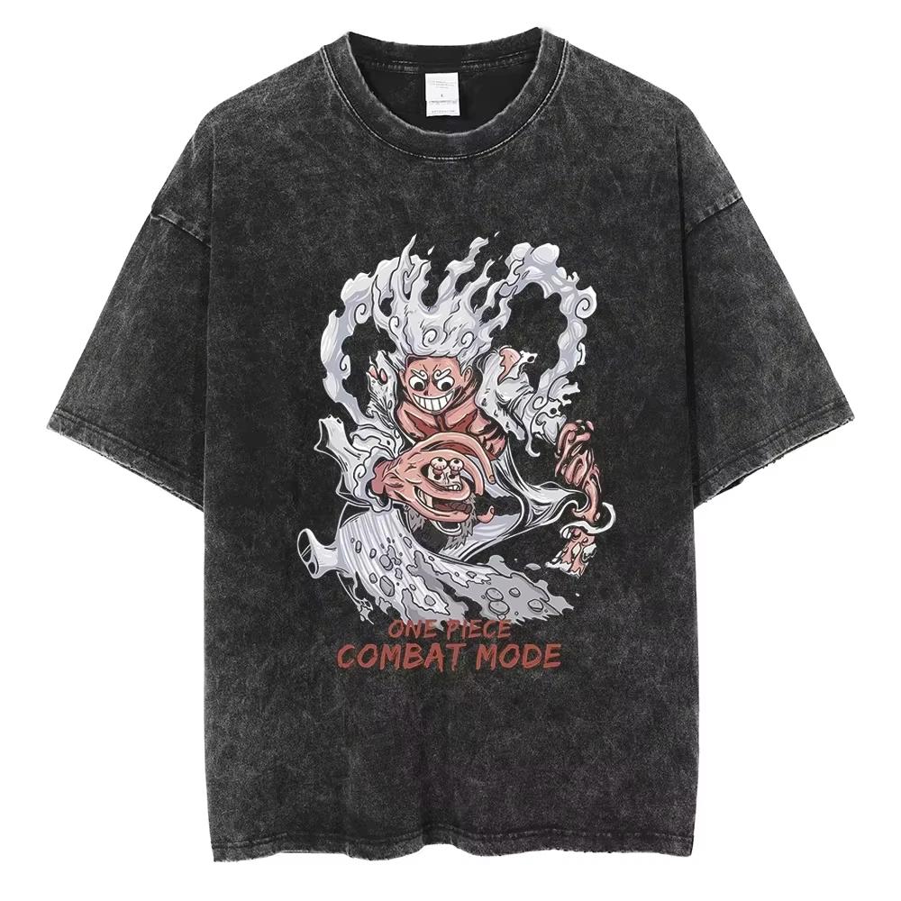 Nika Luffy Gear ONE PIECE Anime Harajuku Retro Washed Tshirt Cotton Men Streetwear Women Short Sleeves Unisex Top
