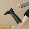 Krazing Pot Cow Skin Square Toe Winter Med Heels Riding Boots Punk Design Women Vintage Square Buckle Thigh High Boots
