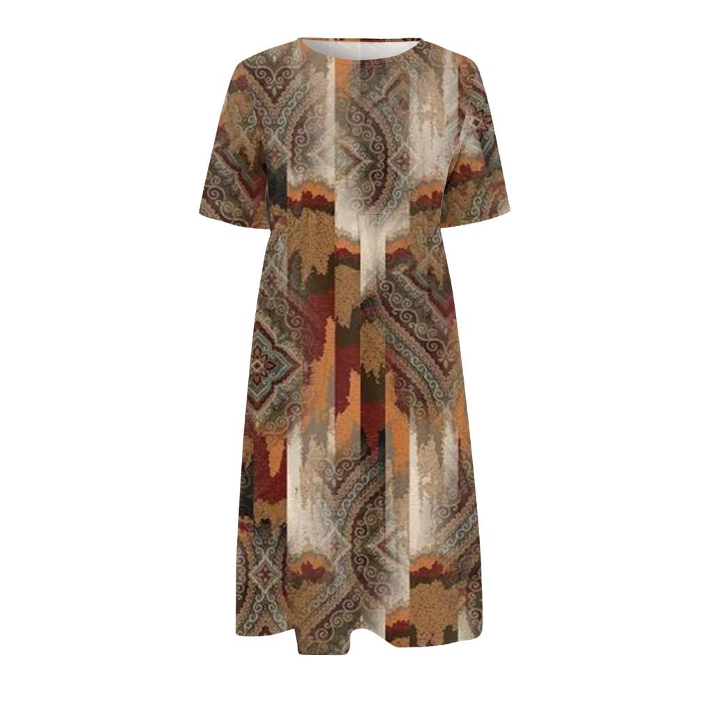 Жен. Повседневные платья Платья с принтами Летние платья С принтами Плиссированные платья-миди с круглым вырезом Классический Классический На открытом воздухе Повседневные С короткими рукавами Свободные платья