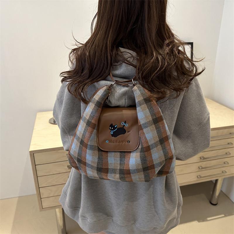 Version cartoon puppy backpack bag women's new college plaid tote bag versatile largecapacity shoulder bag