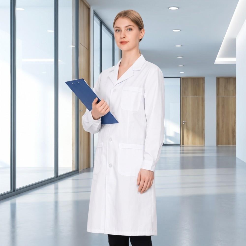 Professional Nurse Doctor Work Uniform Cotton White Long Sleeve Lab Coat Women Men