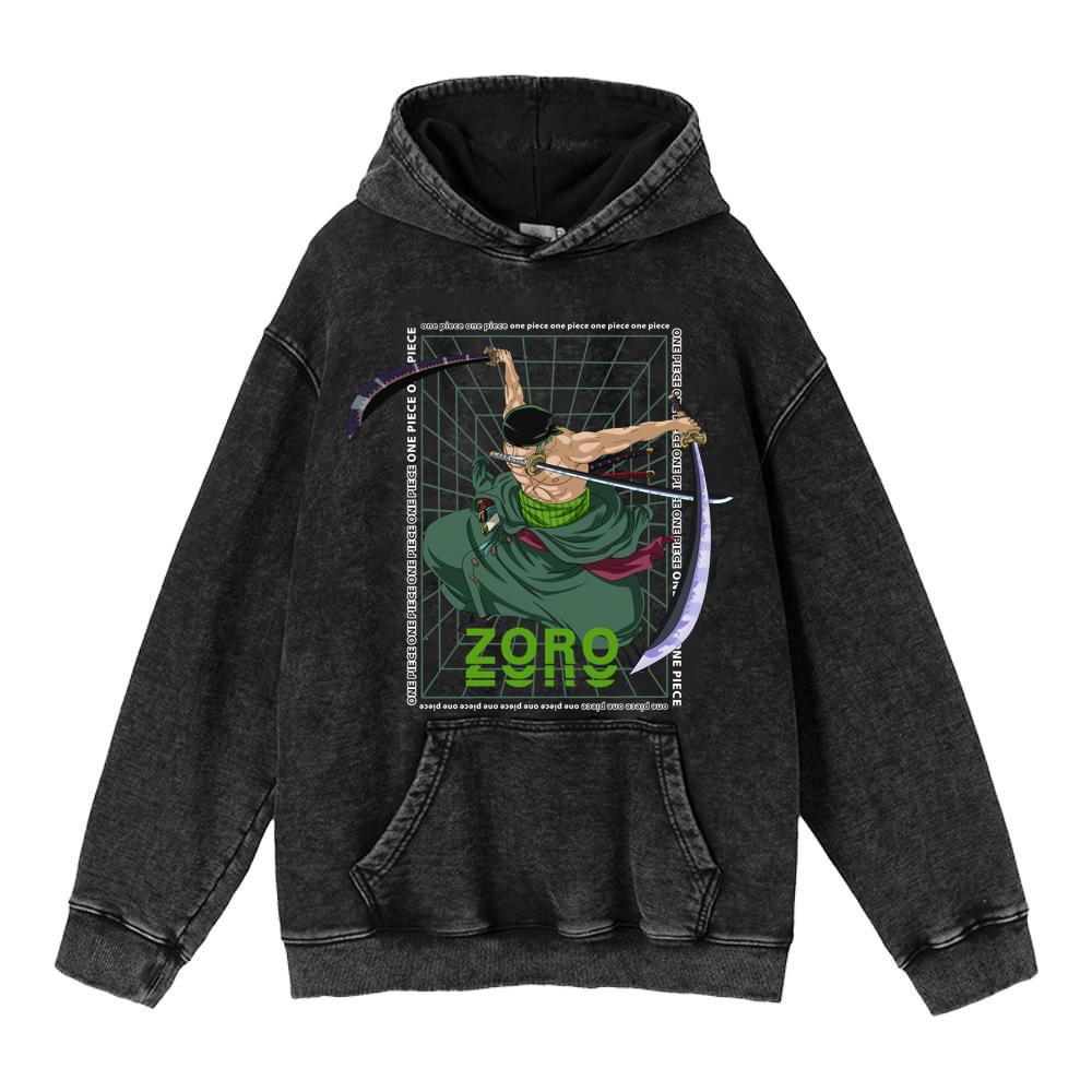 Худи с принтом Luffy & Zoro из аниме, washed vintage, 440 г - Ретро хлопковая уличная толстовка