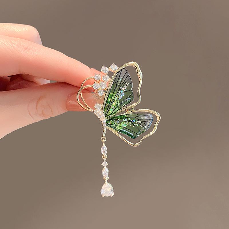 Emerald Insect & Butterfly Brooch: Exquisite Metal Tassel Dragonfly Pin