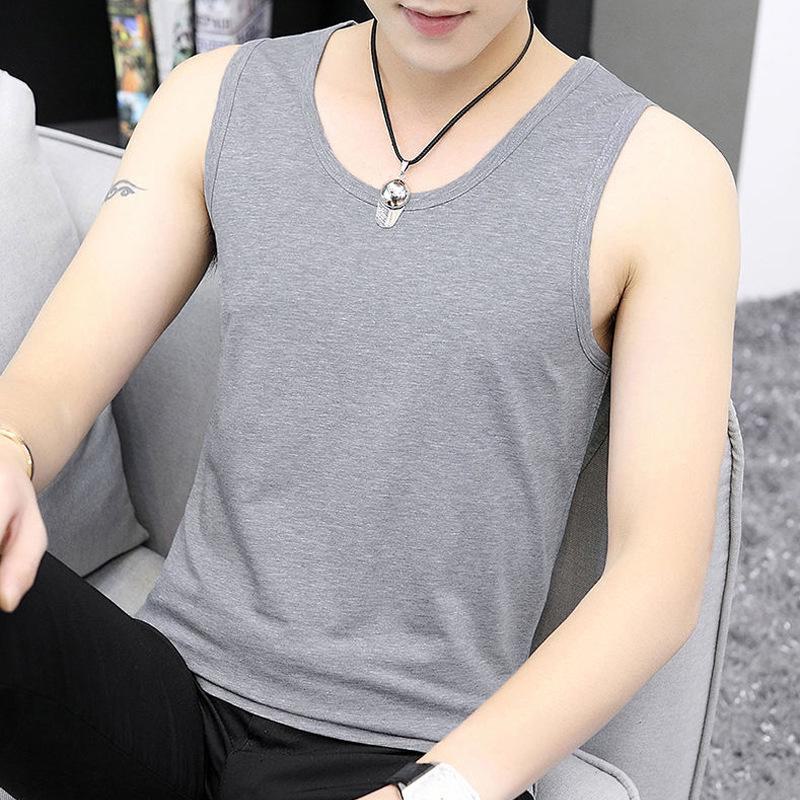 Мужская облегающая корейская спортивная безрукавка - дышащая, повседневная, однотонная рубашка с круглым вырезом