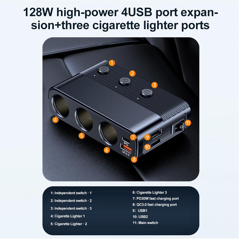 Разветвитель прикуривателя на 3 порта, светодиодный дисплей напряжения, 128 Вт, быстрая зарядка PD QC3.0, USB-адаптер для автомобильной зарядки с переключателем